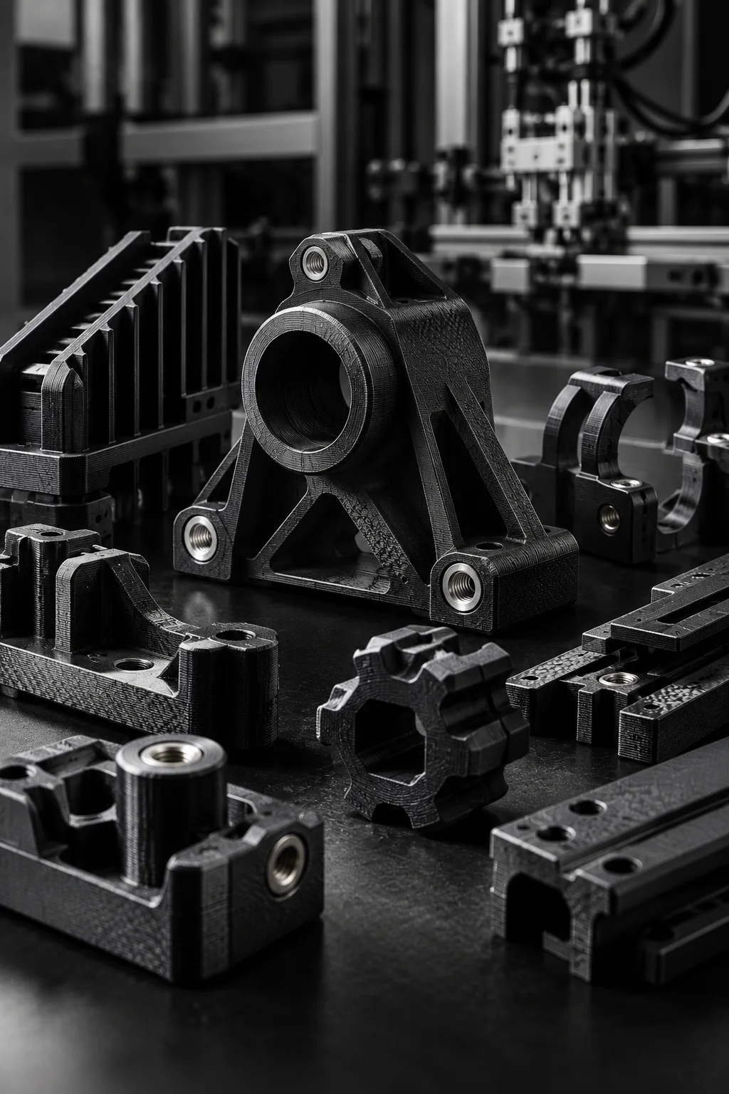 Componenti industriali stampati in 3D su un banco di lavoro