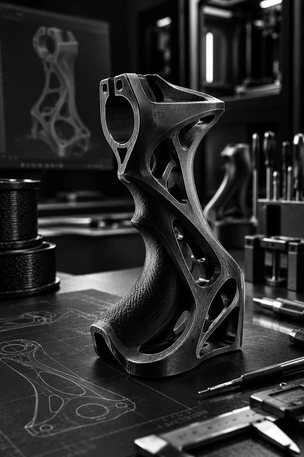 Parte personalizzata stampata in 3D accanto al suo disegno tecnico