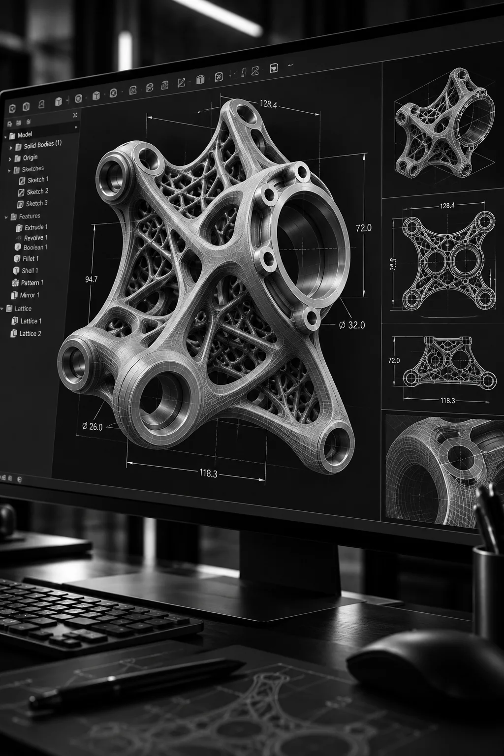 Componente a reticolo progettato in CAD, con quote e viste tecniche