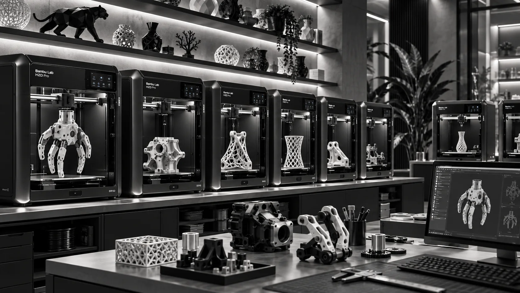 Laboratorio di stampa 3D con stampanti al lavoro e pezzi finiti sugli scaffali
